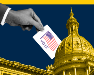 A hand holding a paper with an American Flag is extended over a photo of the Michigan State Capitol dome, colored yellow.
