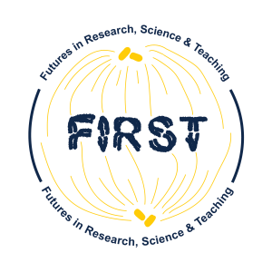 Logo for the org Futures in Research, Science, and Teaching. The design is based on cell division, showing the separation of chromatids making the letters of "FIRST".