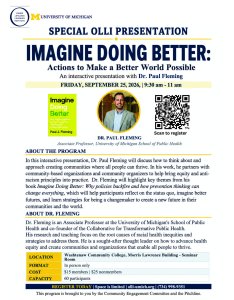 OLLI Imagine Doing Better flyer details with headshot of Dr. Paul Fleming