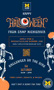 Infographic depicting two skeletons and two pumpkins that includes text details which describe Camp Michigania's event, Halloween on the Diag, happening on 10/30 from 9am-2pm.