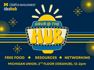 Navy blue promotional graphic for 'Grub @ the Hub,' hosted by University Unions Campus Involvement and IdeaHub at the University of Michigan, designed in a retro diner sign style with a yellow sunburst. Text reads: Free Food, Resources, Networking, Michigan Union, 2nd Floor (IdeaHub), 12-2pm. The design features retro-style starburst and sunburst decorative elements in yellow, along with the University of Michigan Block M logo in the top left