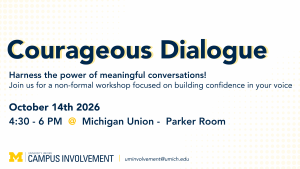 White promotional graphic for 'Courageous Dialogue,' hosted by University Unions Campus Involvement at the University of Michigan. Text reads: Harness the power of meaningful conversations! Join us for a non-formal workshop focused on building confidence in your voice. October 14th 2026, 4:30 - 6 PM @ Michigan Union - Parker Room. The design features a light yellow polka-dot pattern in the background, the University of Michigan Block M logo, and the contact email uminvolvement@umich.edu