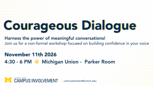 White promotional graphic for 'Courageous Dialogue,' hosted by University Unions Campus Involvement at the University of Michigan. Text reads: Harness the power of meaningful conversations! Join us for a non-formal workshop focused on building confidence in your voice. November 11th 2026, 4:30 - 6 PM @ Michigan Union - Parker Room. The design features a light yellow polka-dot pattern in the background, the University of Michigan Block M logo, and the contact email uminvolvement@umich.edu