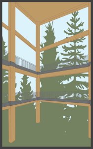 A digitally drawn graphic of a wooden building frame with large trees in the background.