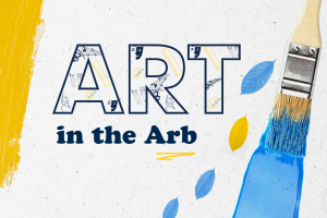 Illustration of maize and blue leaves alongside a blue paintbrush. The words “art in the arb” are located in the center of the illustration.