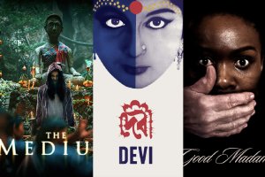 Images from movies: The Medium (long-haired person in a hoodie), Devi (woman with a red dot on her forehead), and Good Madam (woman with a hand covering her mouth).