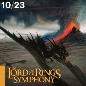 The Lord of the Rings Symphony graphic with flying dragons and a burning mountain in the distance.