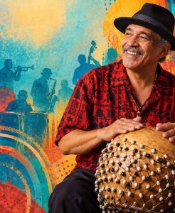 John Santos with a drum, with a graphic of sextet instrumentalists in the background.