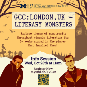 Flier shows a silhouette of Big Ben clock tower and cemetery headstones in the background with Dracula and Frankenstein in the foreground.