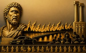 A stylized gold-and-black collage combines classic Roman figures, Polyphemus, classic columns, city, car, and modern figures.
