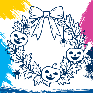 Illustration of wreath with pumpkins and spiders