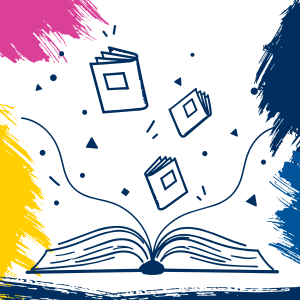 Illustration of an open book with mini books floating above