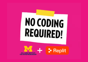 Words "no coding required" and logos for ZLI and Replit