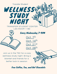 Transfer Student Wellness Study Night flyer