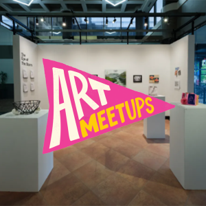 Pink flag that says "Art Meetups" over an image of a Stamps Gallery exhibition