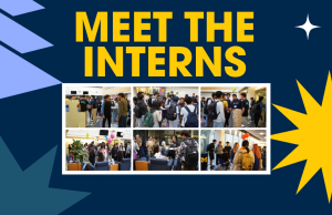 “Meet the Interns” event flyer featuring a six-photo collage of people gathering indoors, with navy, yellow, and light-blue graphic elements.