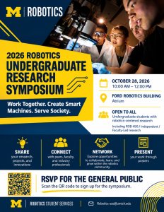Promotional graphic for the 2026 Robotics Undergraduate Research Symposium, an event highlighting undergraduate robotics research and opportunities to connect with students, faculty, and researchers.