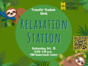Sloths hanging on trees surrounded by leaves and the words Transfer Student Week Relaxation Station