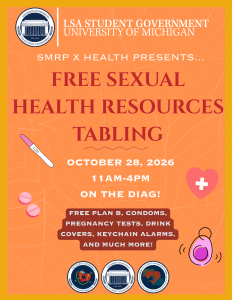 Promotional graphic with title "Free Sexual Health Resources Tabling," with a description of event. Orange background, red and white text, and some pink stickers of items being offered at tabling