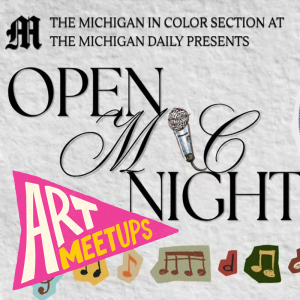 Text: Open Mic Night. Pink flag that says "Art Meetups," musical notes