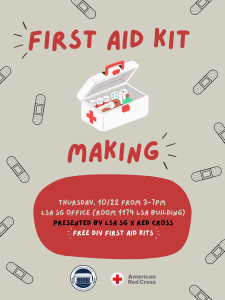 Promotional graphic with title "First Aid Kit Making" and event description on a tan background with visuals of bandages and a first aid kit.