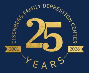Blue background with gold text: Eisenberg Family Depression Center 25 Years 2001-2026