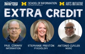 Logos for Extra Credit, hear.say theater, UM School of Information, and UM Arts Initiative. Headshots of Paul Conway (Information), Stephanie Preston (Psychology), and Antonio Cuyler (Music).
