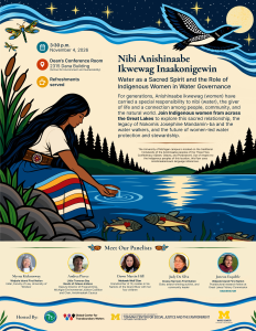 Drawing of woman at riverbank interacting with river and flora and fauna. Features cattails, pines, fish, rocks, grasses, plus a duck and dragonfly.