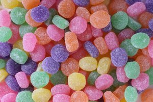 High resolution macro of tropical flavored gummies.
