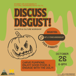 Orange flyer with pumpkins and slime, advertising our pumpkin carving workshop!