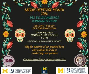 Flyer for the Dia de Los Muertos Community Altar w stylized skulls & flowers.