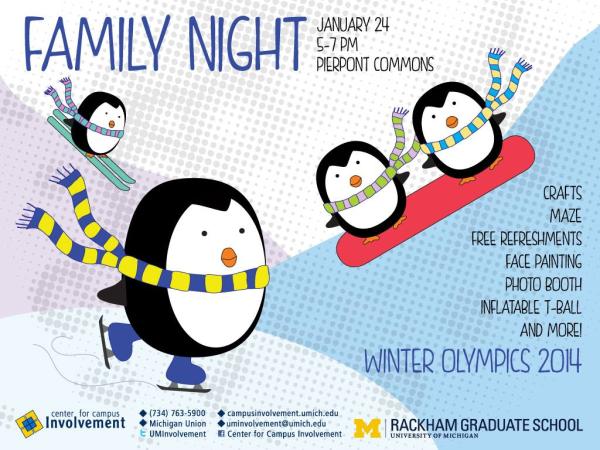 1/24, Family Night from 5-7p in Pierpont Commons Atrium