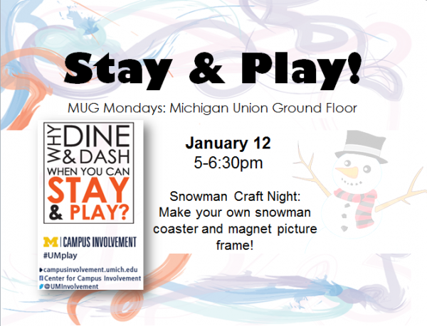 MUG Mondays on 1-12-15, free crafts from 5-6:30pm
