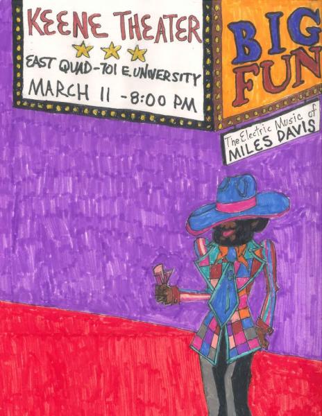 Drawing of someone standing in front of theatre with billboard advertising the e