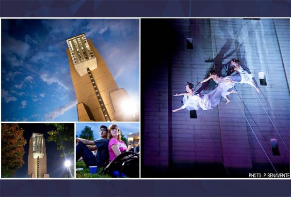 People enjoying a live show under the bell tower on North Campus.