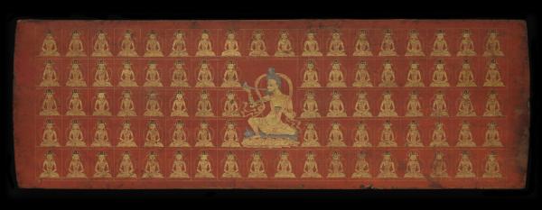 Dramza Demchog Nyingpo, innter face, Upper book cover, Tebet, early 15th century, wood with paint and gilding. MacLean Collection