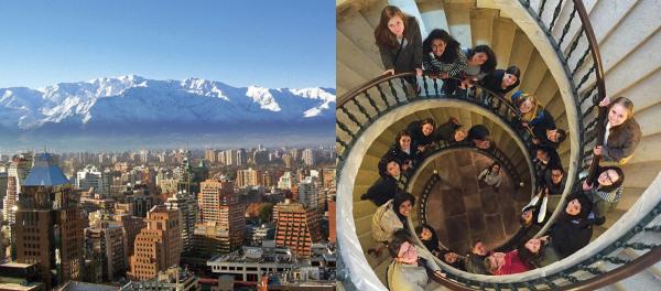 Skyline of Santiago, Chile, and students in Santiago de Compostela, Spain
