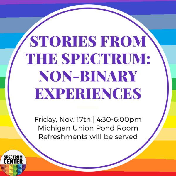 A flyer with a rainbow background explaining the details of this event