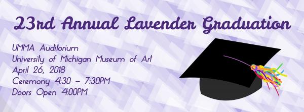 A purple colored flyer with a drawing of a graduation cap with details of the event in black ink