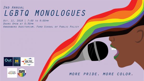A flyer describing the event, with an image of a dark skinned individual speaking into a microphone, with rainbows going along the side