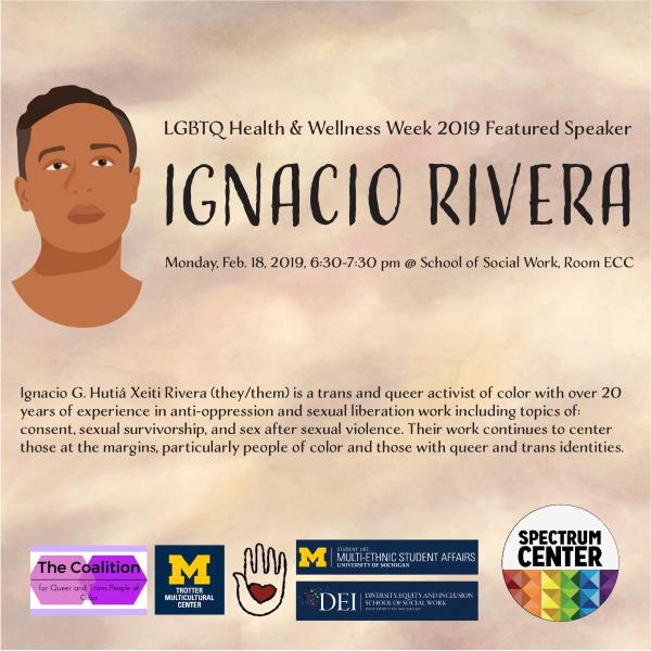 a brown background with an illustration of the speaker and various logos