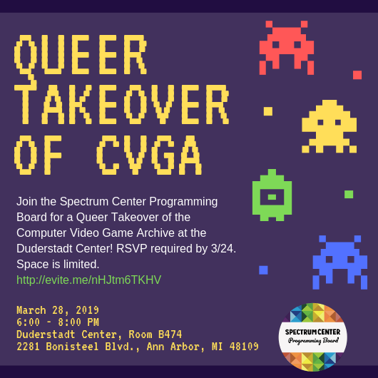 A purple flyer with pixelated text and video game characters