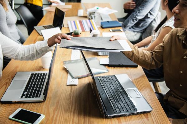 group talking with computers