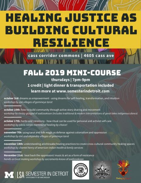 Healing justice poster with dates and workshop titles
