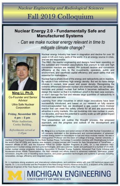 image of flyer for NERS Colloquium:  Professor Ning Li, Ultra Safe Nuclear Corporation