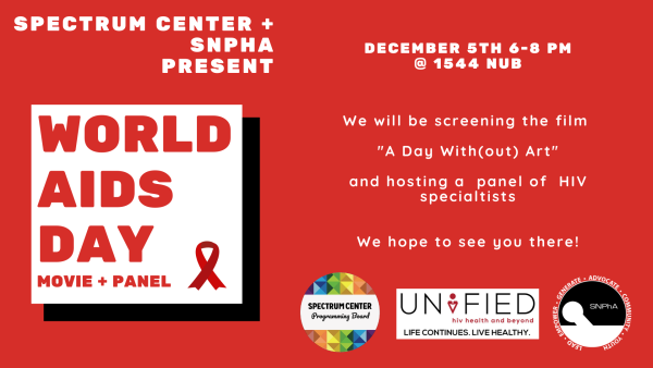 The Spectrum Center, "snaffa," and Unified present a World AIDS Day movie & panel event. The graphic is primarily red and features the red ribbon used to represent AIDS awareness.