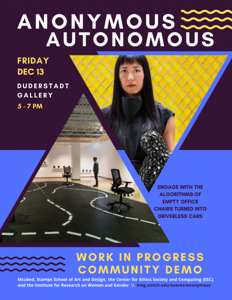 Event poster with photo of Katherine Behar and an art installation that resembles a road, with two desk chairs on wheels. Courtesy of Katherine Behar, Anonymous Autonomous, 2018–ongoing. Photograph: Sean Carroll.