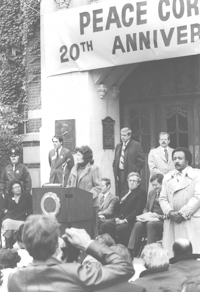 Regent Sarah Goddard Power speaks in October 1980 during the 20th anniversary “rededication” ceremony for the Peace Corps on the steps of the Michigan Union