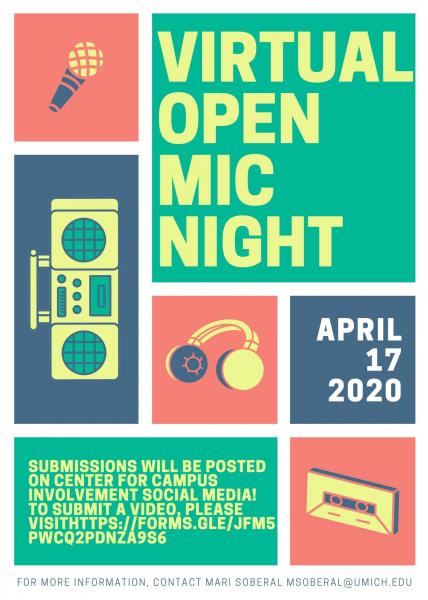 Image with microphone, boombox, headphones, and cassette tape with the words: VIRTUAL OPEN MIC, April 17, 2020; Submissions will be posted on Center for Campus Involvement Social Media!