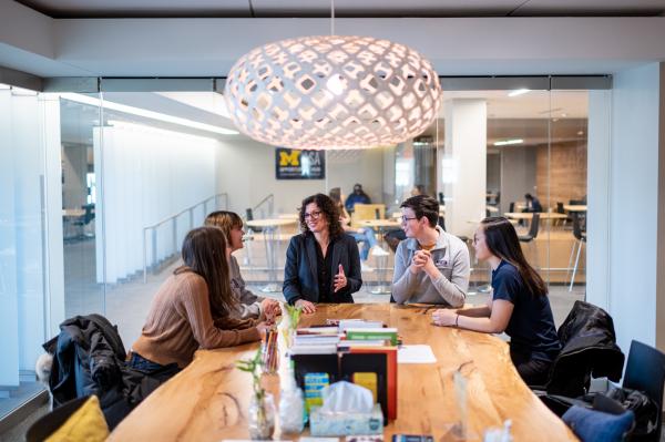 LSA students discussing with alum